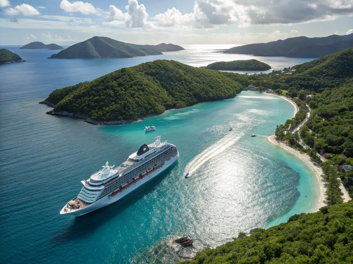 A vibrant image of a cruise ship sailing through the turquoise waters of the Caribbean, with lush tropical islands in the background, representing a popular cruise destination.