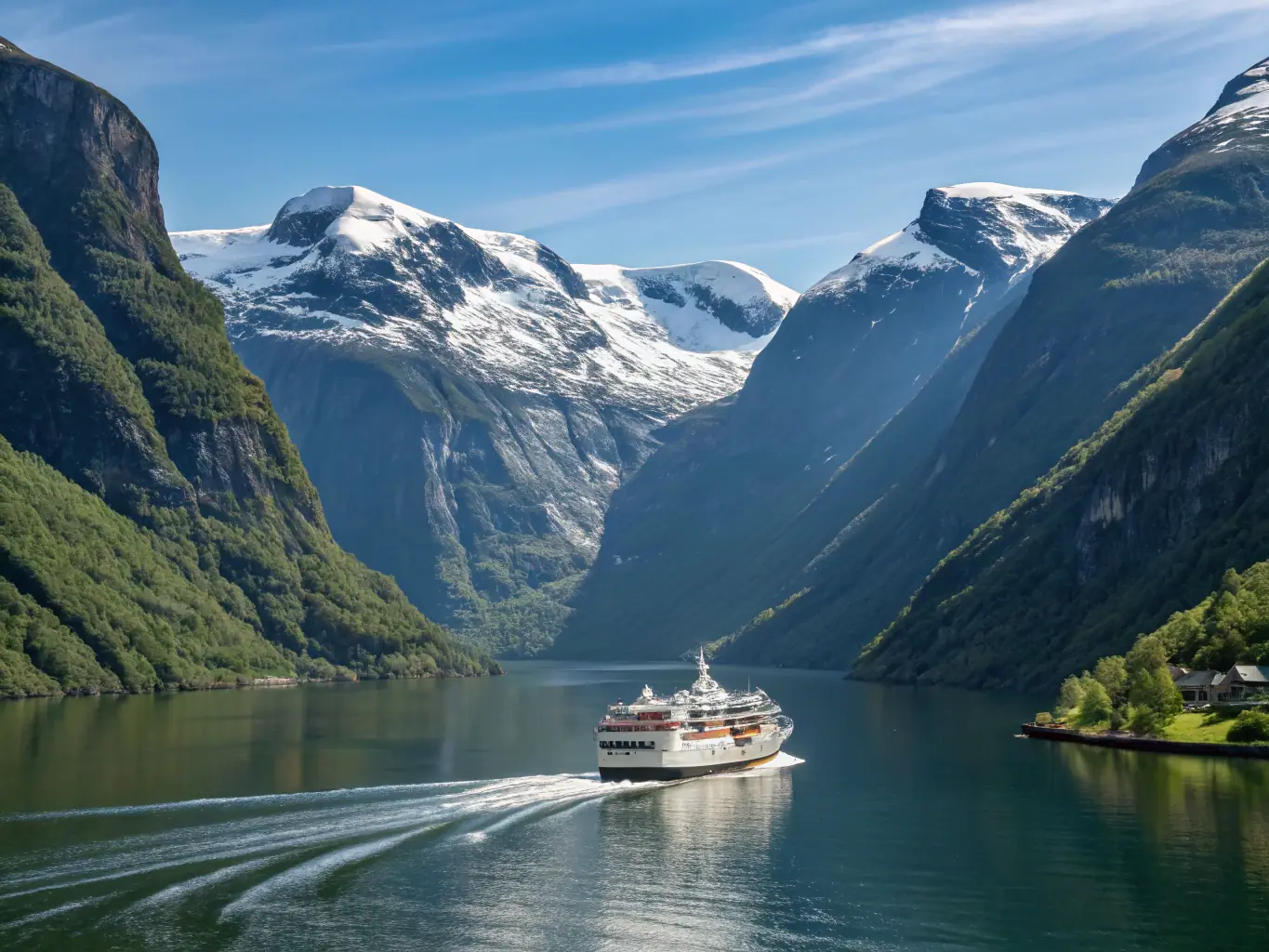 A stunning photograph of a cruise ship navigating through the Norwegian fjords, showcasing towering cliffs, cascading waterfalls, and picturesque villages.