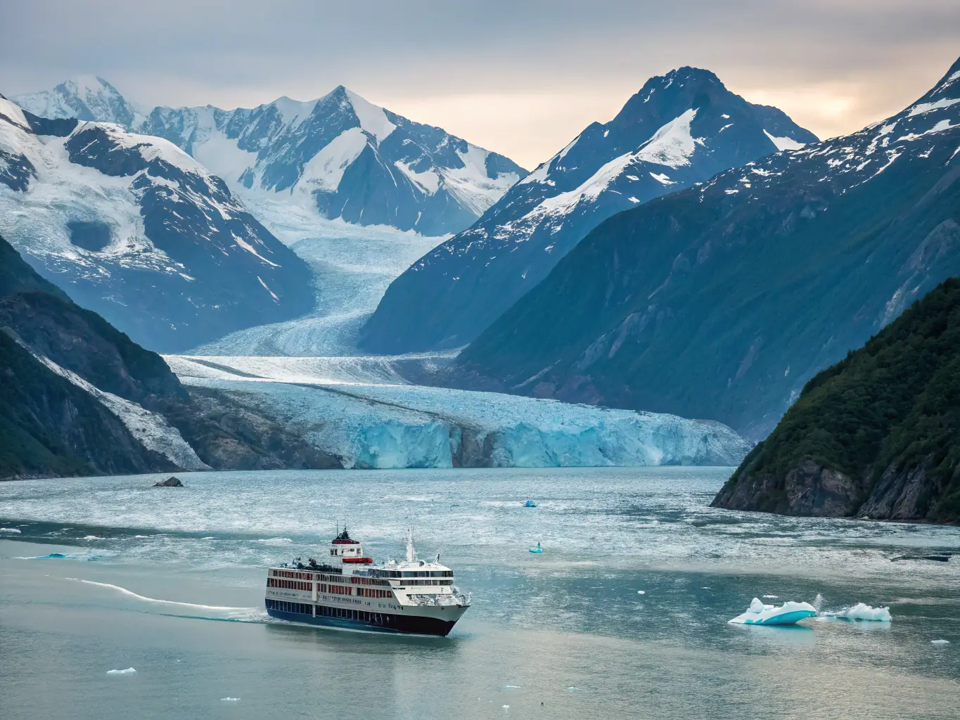 A breathtaking image of a cruise ship navigating through the icy fjords of Alaska, surrounded by snow-capped mountains and glaciers. The scene should convey a sense of adventure and natural beauty.