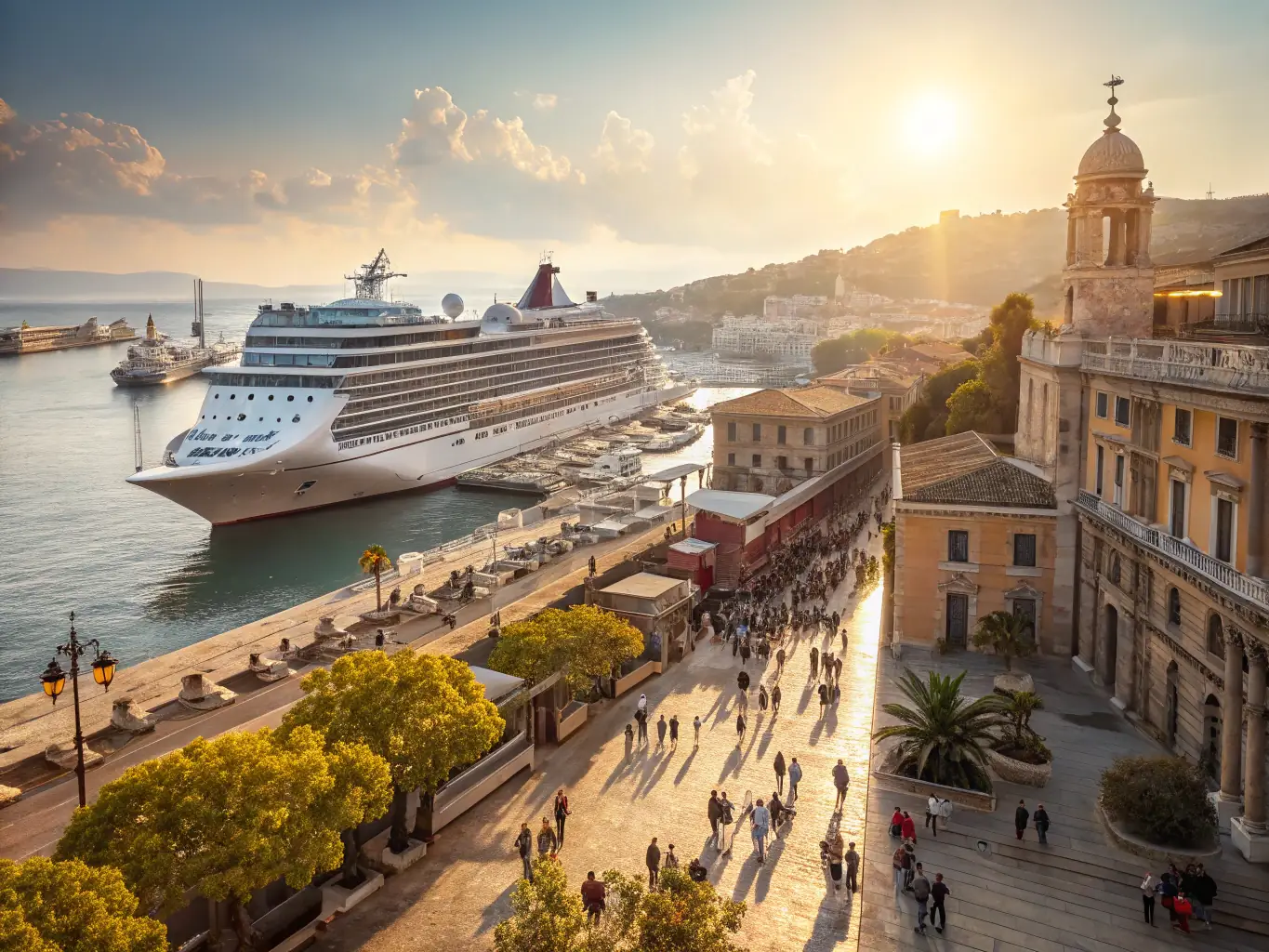 A vibrant photo of a cruise ship docked in a picturesque Mediterranean port, with colorful buildings and bustling streets in the background. The image should capture the essence of European culture and history.